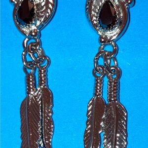 Silver and Black Feather Dangle Earrings